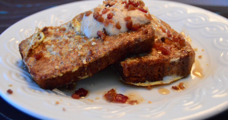 Banana Bread French Toast with Peanut Cream and Bacon Bits